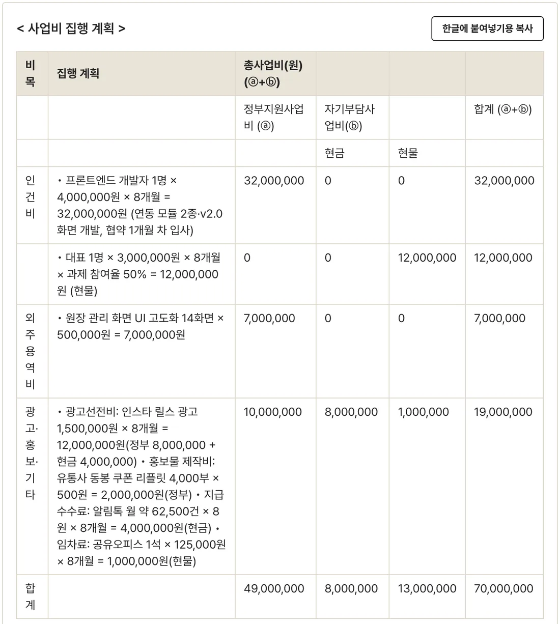 공식 양식의 사업비 집행 계획 표에 비목별 산출 근거와 정부지원·자기부담 금액이 채워진 본문 화면